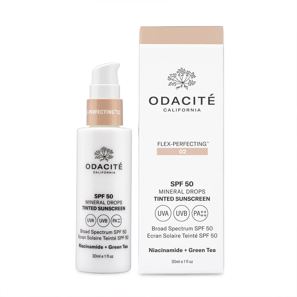 Odacite-Spf 50 Flex-Perfecting™ Mineral Drops Tinted Sunscreen-Sun Care-SPF50Tinted_02_POW_bottle_box-The Detox Market | 